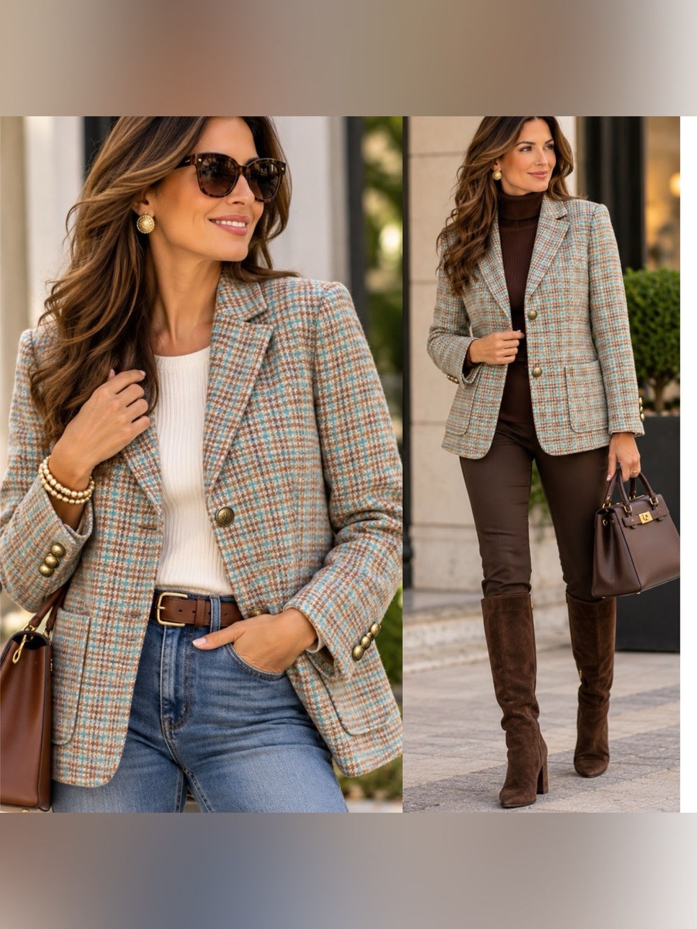 Talbots Plaid Wool Blend Blazer Aqua Brown Gold Buttons SZ 14
Equestrian preppy